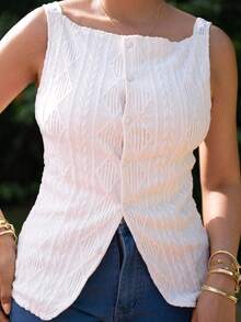 Melissa Matos Áo sơ mi nữ không tay họa tiết hình học cài một hàng khuy đơn giản - Màu be - Xem 3