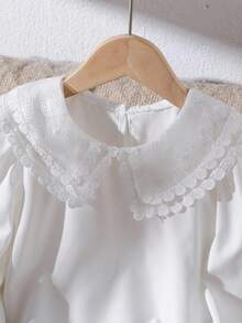 女孩优雅蕾丝边刺绣双层彼得潘领长袖休闲公主衬衫，适合度假、旅行、派对、生日礼物，春秋季 - 白色 - 查看 3