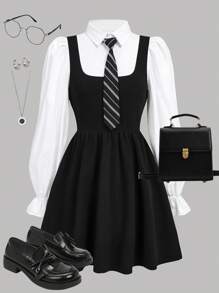 Girlism 2 件套青少年女孩梭织领泡泡袖衬衫和吊带裙，含领带，返校季 - 黑與白 - 查看 1