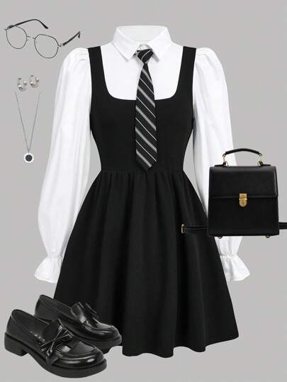 Girlism 2 件套青少年女孩梭织领泡泡袖衬衫和吊带裙，含领带，返校季