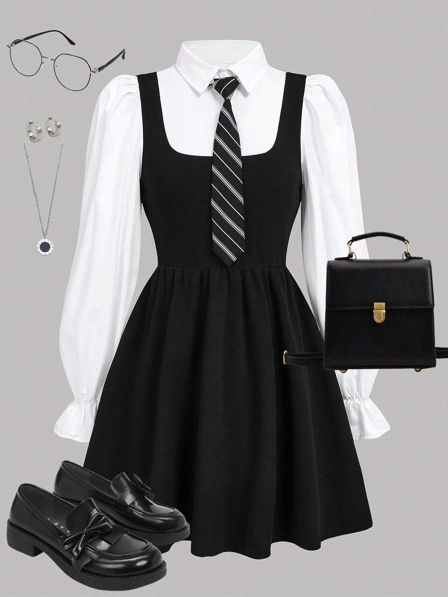 Girlism 2 件套青少年女孩梭织领泡泡袖衬衫和吊带裙,含领带,返校季 - 黑與白 - 查看 1