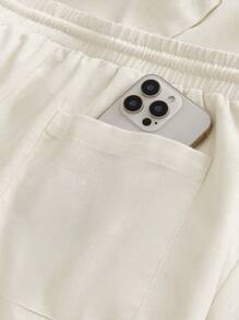 HIMLAND 2pcs Men's Casual Jacquard V-Neck Short Sleeve Shirt & Pants Set, Men 2 Pieces Co-Ord Set, Casual Top And Bottom Set, Linen Summer Outfits, Cozy Outfits