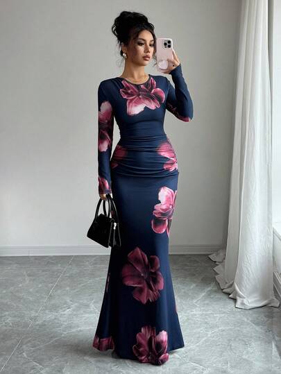 Elenzga Fashionable Sexy Retro Floral Design Women Dress Fall Cloth For Women