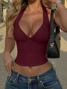 Zyxie Women's Fashion Casual Sexy Solid Color Halter Backless Tank Top