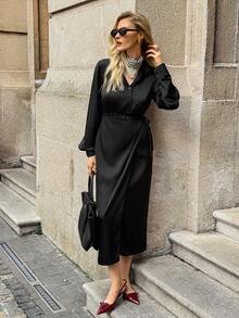 Elyressa 法式优雅派对缎面压花开襟秋季女士黑色长袖连衣裙 - 黑色 - 查看 6