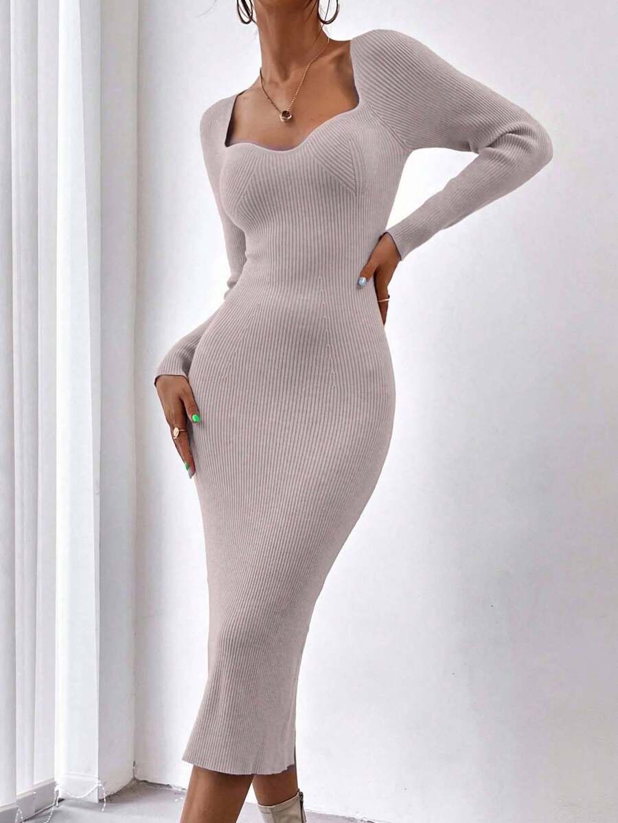 EURMUSE 女士纯色心形领长袖修身针织连衣裙，秋冬款 - 藕粉色 - 查看 1