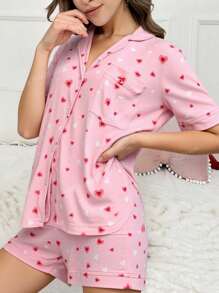 EURMUSE Bộ đồ ngủ mặc nhà cotton 2 mảnh màu tương phản chi tiết viền nút phía trước chi tiết áo sơ mi tay ngắn và quần short - Hồng - Xem 2