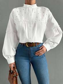 100% 纯棉女士优雅纯色立领灯笼袖衬衫，荷叶边饰边，水钻装饰和褶皱，春夏季 - 白色 - 查看 6
