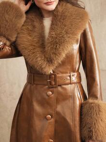Anewsta Autumn/Winter Coffee Brown Detachable Fox Fur Collar Waist Belt Flared Hem Long Leather Jacket Coat - Brown - View 2
