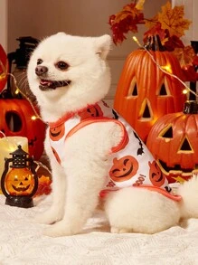 PETSIN 2pcs Pet Cat Dog Universal Halloween Orange Pumpkin Funny Expression Pattern Print Fashionable Breathable Comfortable Dog Vest, PETSIN Original Design