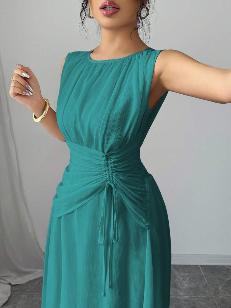 Elenzga Women's Casual Elegant Chiffon Maxi Dress, Romantic Vintage Style, Suitable For Beach, Afternoon Tea, Party, Wedding, Commuting, Sleeveless, Drawstring Waist, Pleated Back, Lined, Spring/Summer - Teal Blue - View 3