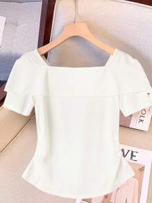 Regalyn Plus Size Women Summer Luxury French Elegant White Short Sleeve Top, Classic Knit Striped Texture Patchwork Button Decor Commuter T-Shirt