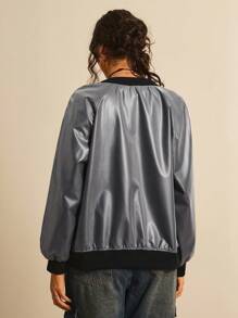 SHEIN VCAY Chaqueta bomber de manga larga versátil casual con cremallera y contraste de colores, ropa de invierno para mujeres, chaqueta de invierno, ropa de vuelta al colegio para mujeres, ropa de otoño para maestras, estilo country, concierto western, boho, rave, vintage años 2000, ropa de otoño talla grande, estilo bohemio country, ropa informal de otoño para mujeres