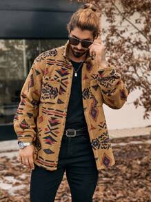 Manfinity Homme Men's Geometric Pattern Button-Up Pocket Shacket, Autumn/Winter,Boyfriend Gift,Winter Warm Jacket,Fall Winter Men Jacket,Coral Fleece Jacket, For Christmas