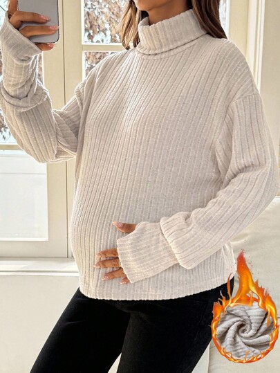 SHEIN 秋季孕妇装，纯色高领落肩长袖罗纹休闲宽松T恤，冬季孕妇毛衣，孕妇高领毛衣，罗纹孕妇毛衣