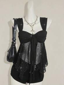 SHEIN ICON Shiny Fabric Asymmetrical Mesh Hem Women's Camisole Black Sparkly Top,Black Tops