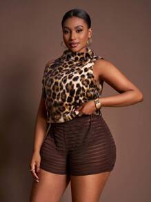 Slaydiva Conjunto de 2 piezas de mujer con top sin mangas de terciopelo con estampado de leopardo y textura marrón, y shorts cortos. Nuevo otoño/invierno 2025, estilo callejero, para salidas, trabajo, oficina, aeropuerto, fiesta, elegancia, cóctel, punk, San Valentín, moda picante - Multicolor - Ver 3