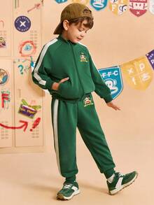 Paul Frank X SHEIN 2pcs Young Boy Sports Casual Cartoon Print Stand Collar Zip Front Jacket And Elastic Cuff Pants Set, Green Fall Winter - Green - View 8