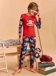 Paul Frank X SHEIN 2pcs Tween Boy Cartoon Pattern Crew Neck Long Sleeve Top And Pants Comfortable Casual Pajama Set - Navy Blue - View 8