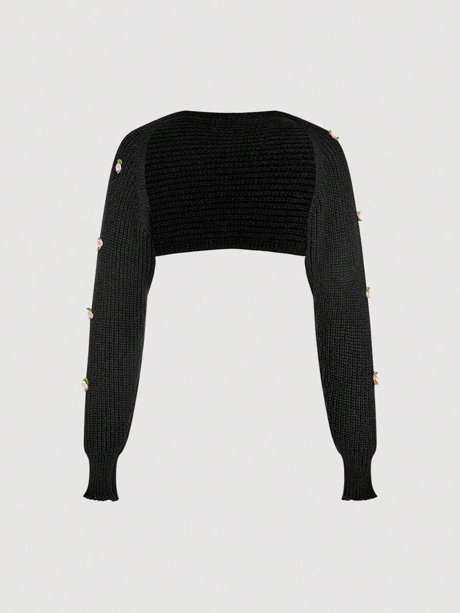 SHEIN Unity 女士 3D 花卉装饰无袖开衫 - 黑色 - 查看 1