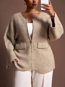 Veslaya Áo khoác cardigan dệt kim dài tay màu kaki trơn, dáng rộng, khóa kéo phía trước, dành cho nữ, phù hợp cho mùa Thu/Đông, thanh lịch, dự tiệc, hẹn hò, mặc hàng ngày, dạo phố và ở nhà - A - Màu Khaki - Xem 4