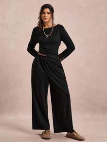 SHEIN VCAY Ensemble 2 pièces femme grande taille, Top plissé à manches longues de couleur unie et pantalon large, tenue décontractée - Noir - Voir 4