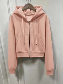 INAWLY Plus Size Solid Color Front Zip Long Sleeve Casual Hoodie Graduation,Back To School,Graduation,Teacher For Women,Back To School Pullover Fall Winter Autumn - Pink - View 3