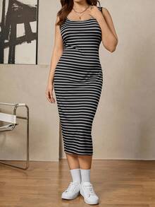 Zelara Plus Size Women's Knight Print Drop Shoulder Long Sleeve Sweatshirt And Striped Camisole Dress Casual 2 Pieces Set Plus Size Women Clothes 2 Piece Plus Size Airport Outfit Fall Clothes For Women Business Casual Woman Office Outfits For Women Old Money Style Women Going Out Tops For Women - Black and White - View 4