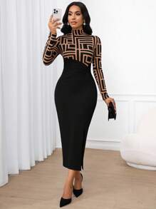 SHEIN Lady Váy ôm họa tiết hình học, thiết kế 2 trong 1, váy đi làm thanh lịch cho nữ - Nhiều màu - Xem 6