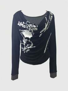 ROMWE EDITION Collegiate Skull Chain Letter 2 In 1 Layered Draped Neck Striped Women Long Sleeve Knit Sweater - Multicolor - View 9