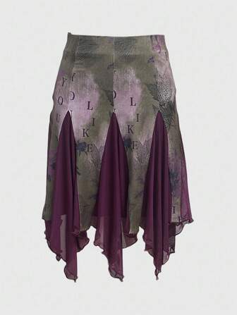 Grunge Punk Oriental Floral & Botanical Fiber Splatter Ink Vintage Paper Watercolor Effect Asymmetrical Print Women Skirt