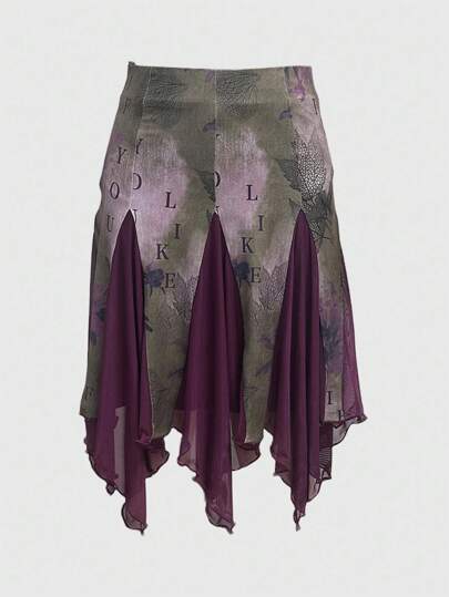 Grunge Punk تنورة نسائية ذات طباعة غير متماثلة بتأثير مائي مائي على ورق قديم مع رذاذ حبر وزهور وأوراق نباتية