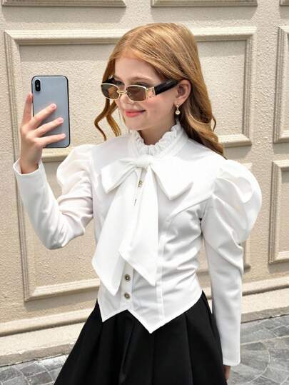 SHEIN Tween Girl Clothes White Tween Girls Blouse With Collar And Bishop Sleeves With Gold Buttuns, Girl White Shirt White Blouse Girls Cute White Shirt Tween Girls White Blouse, Girls Long Sleeved White Shirt, Back To School Clothes, Girls White Leg-Of-Mutton Sleeve Blouse With Button Front And Collar For Girls, Asymmetrical Hem Tween Girls Top With Bow Tie And Long Sleeves White Bow Shirt White Blouse With Bow Puff Sleeve Blouse Tie Neck Blouse White Bow Blouse Girls White Bow Blouse Cute White Blous Fall Winter
