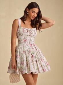 Enchnt 秋冬浪漫女士杏色花卉印花褶皱胸围吊带迷你连衣裙，甜美优雅，适合度假、约会、节日、生日、派对、毕业典礼、婚礼宾客、办公室和外出，舞会礼服，女士秋冬连衣裙，女士秋冬服装，返校，优雅的派对连衣裙， - 杏色 - 查看 5