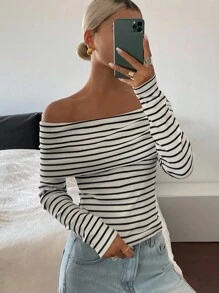 Livesso Women's Off Shoulder Striped Long Sleeve T-Shirt, Summer Fall Tops - Black and White - View 3