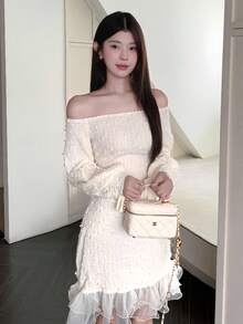 Modelyn 女士露肩长袖法式奢华温柔浪漫荷叶边下摆泡泡袖连衣裙 - 白色 - 查看 5