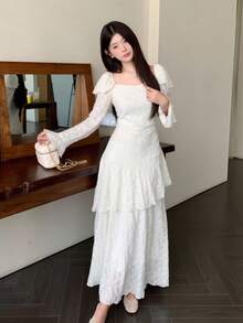 Modelyn Vestido de manga larga con volante en la cintura y bajo, estilo único francés - Beis - Ver 1