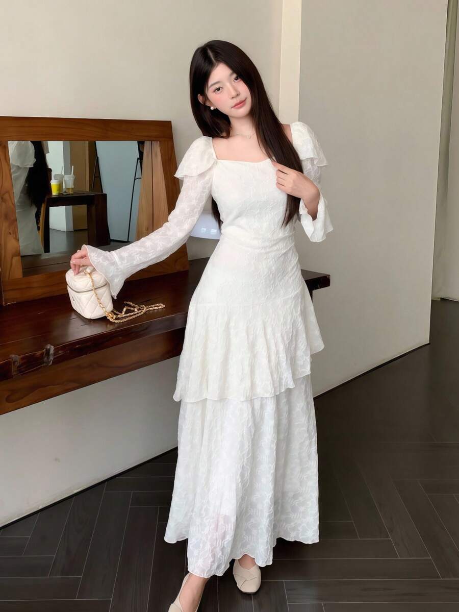Modelyn Vestido de manga larga con volante en la cintura y bajo, estilo único francés - Beis - Ver 1