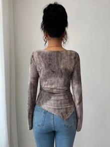 Elenzga 女式垂坠领提花喇叭袖抽绳腰部不对称下摆长款休闲复古哥特式 T 恤，适合外出、日常穿着、万圣节、秋季女装 - 棕色 - 查看 2
