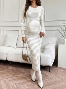 SHEIN 秋装，秋季服装，孕妇装 秋冬孕妇装 撞色条纹圆领长袖连衣裙 孕妇装 长袖孕妇装 孕妇装 条纹孕妇装 孕妇装 - 杏色 - 查看 5