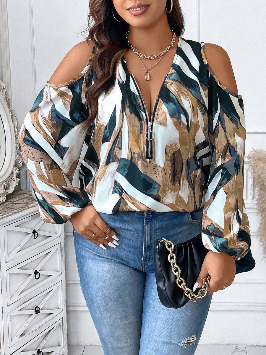 SHEIN Unity 大码女式全身印花露肩灯笼袖拉链半开襟时尚衬衫