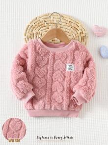 Cozy Pixies 女婴羊毛厚纹理心形图案圆领插肩袖套头衫 - 粉色 - 查看 1