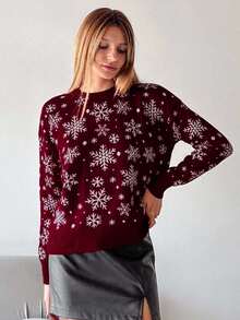 EURMUSE 女士雪花图案休闲宽松圆领长袖套头毛衣 - 酒紅色 - 查看 3