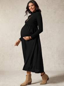 Boho Mama 孕妇纯色立领长袖休闲哺乳连衣裙 - 黑色 - 查看 7