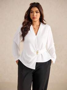 Elaquor Áo sơ mi tay dài cổ chữ V khóa kim loại màu trơn cỡ lớn - trắng - Xem 5