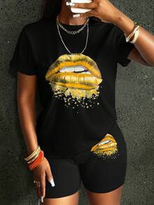 Rovax Women's Summer Casual 2pcs/Set Gold Lips Print Round Neck Short Sleeve T-Shirt And Shorts - Black - View 4