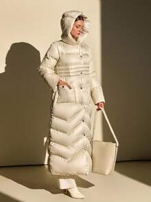 CLARA VERO Women Solid Color Belted And Pocket Detailed Long Winter Coats - Champagne - View 5