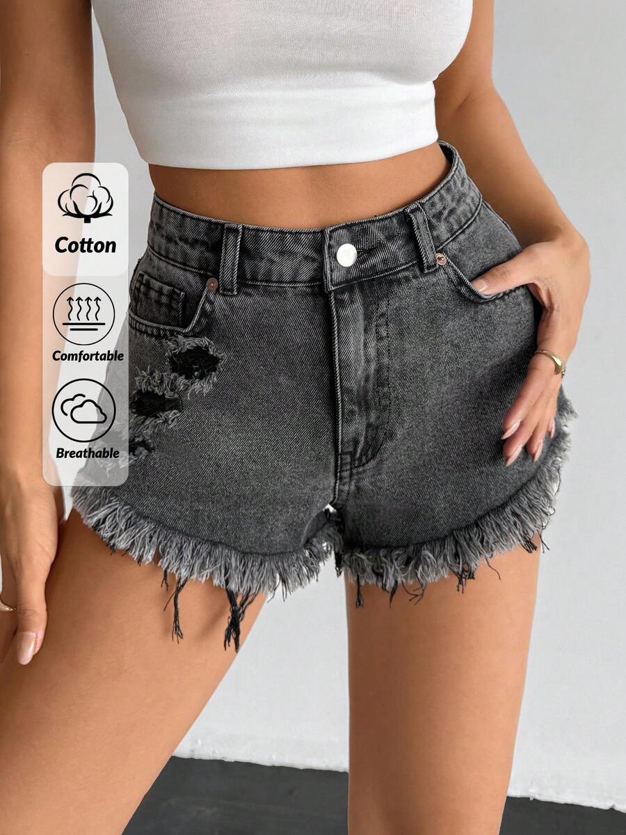 EURMUSE High Waist Frayed Hem Denim Shorts, Fashionable For Summer Women Short Outfits Short Jeans Women Summer Outfits Summer Outfits For Women Women Summer Clothing Women Plus Clothing Shorts Women S Bottoms Woman S Summer Clothes Women Short Sets - Dark Grey - View 1