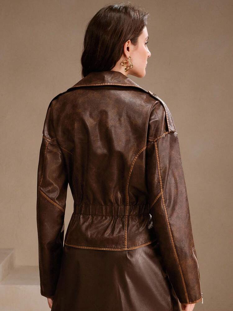 Merrald Women's Elegant Modern Vintage Distressed PU Leather Zip-Up Jacket With Belt Loops