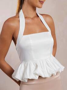 L'Amorae Bubble Hem Peplum Halter Sleeveless Satin Summer Top - White - View 4